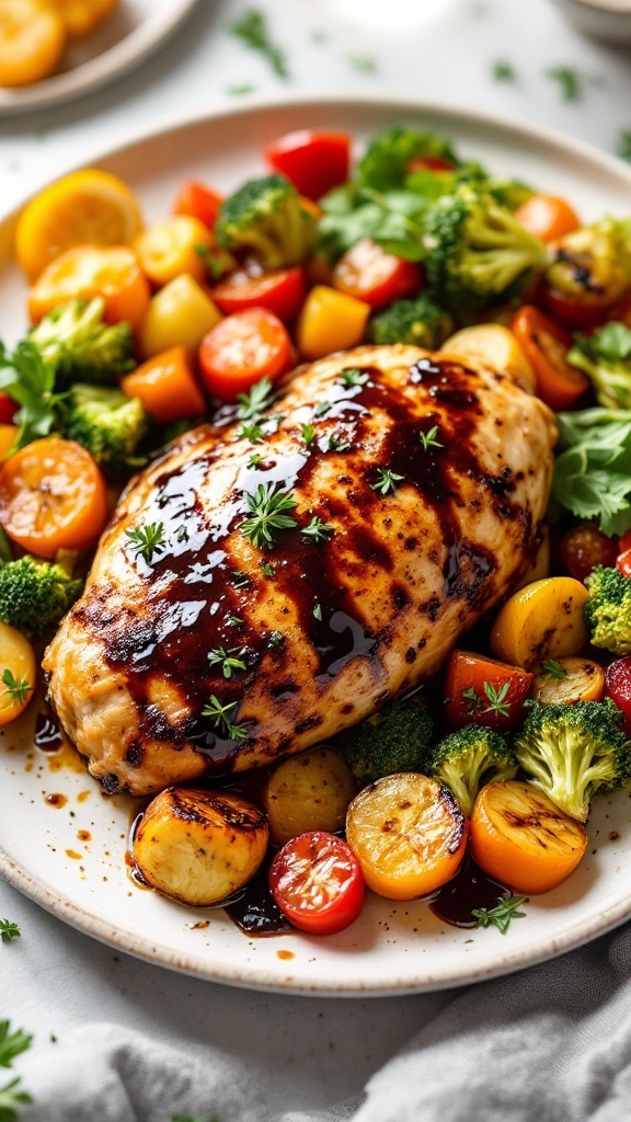 A plate of balsamic glazed chicken with colorful roasted vegetables.