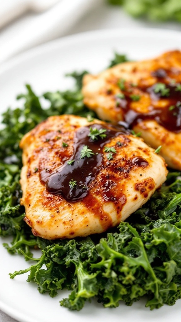 Balsamic glazed chicken served on a bed of wilted kale