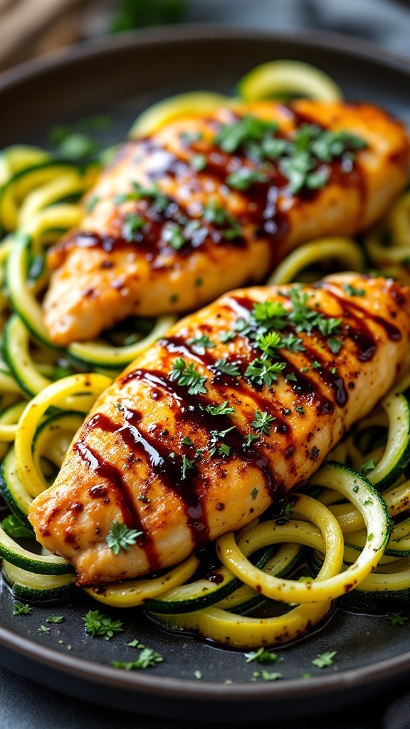 Balsamic glazed chicken served over zucchini spirals with parsley garnish