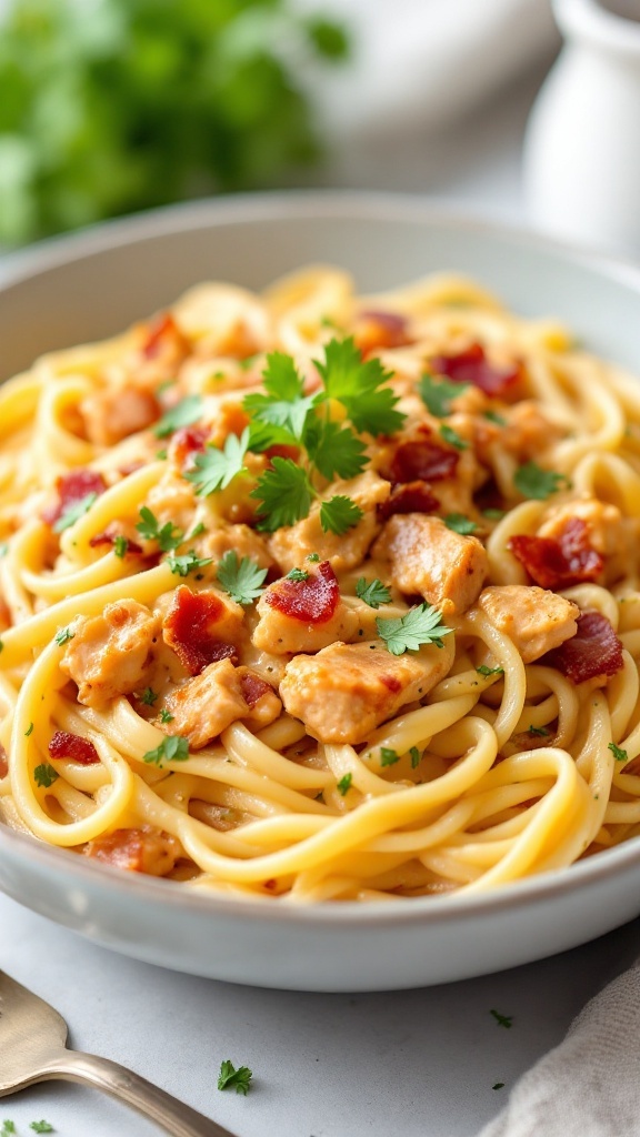 A bowl of Barbecue Chicken and Bacon Alfredo pasta topped with parsley.