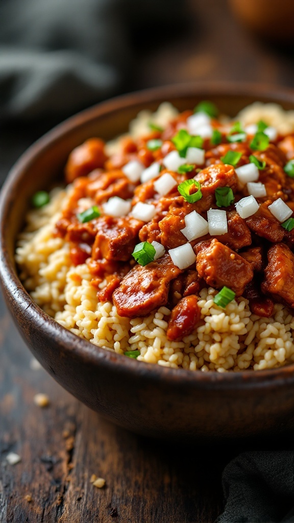 A delicious barbecue chicken and rice bowl topped with green onions and diced onions.