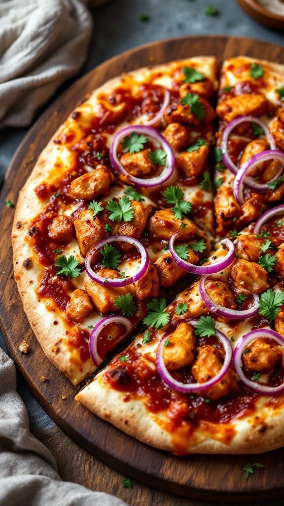 Barbecue chicken pizza topped with red onions and cilantro on a wooden board.