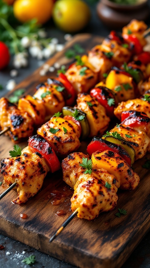 Delicious barbecue chicken skewers with colorful vegetables.