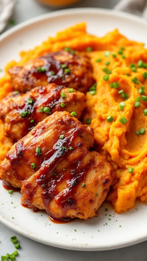 A plate of barbecue chicken served with creamy sweet potato mash garnished with green onions.