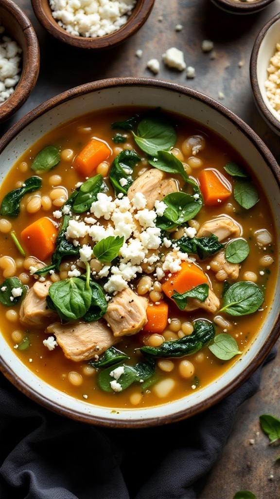 A bowl of barley chicken soup with spinach and feta, garnished with fresh ingredients.