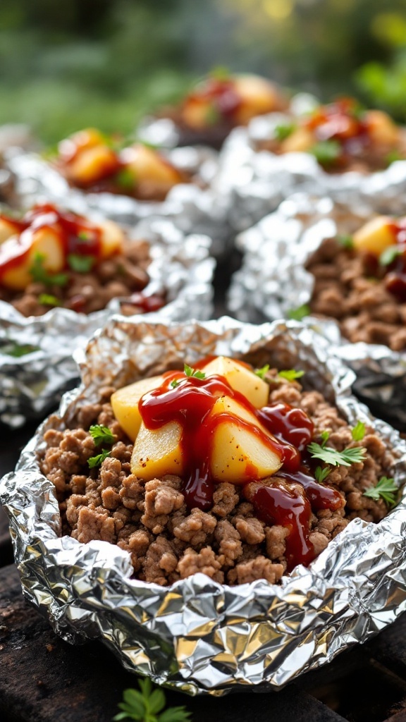 Ground beef and potato foil packets cooked with BBQ sauce