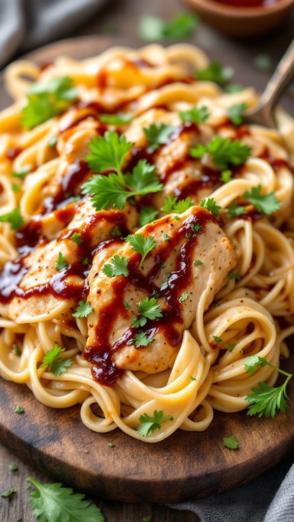 A plate of BBQ Chicken Alfredo pasta topped with herbs and barbecue sauce.