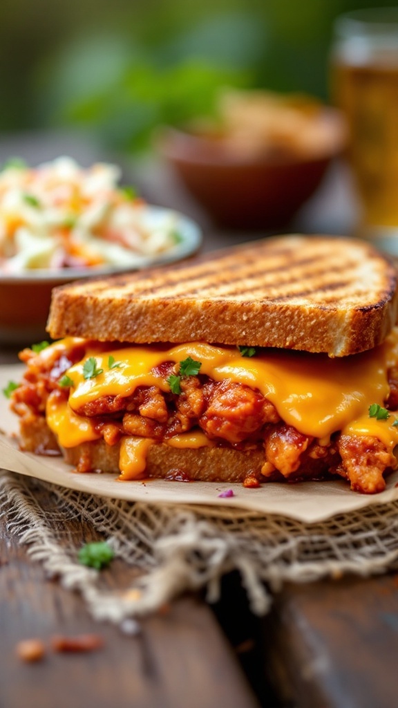 BBQ Chicken and Cheddar Meltdown panini with shredded chicken and melted cheese