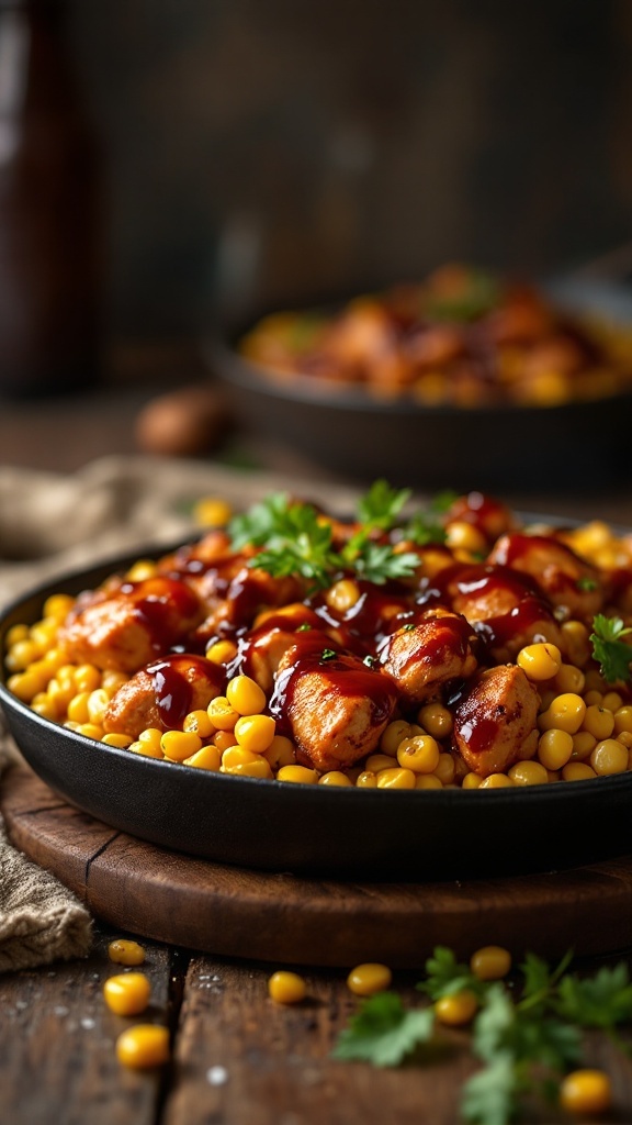 A delicious BBQ Chicken and Corn Casserole topped with cheese and tortilla chips.