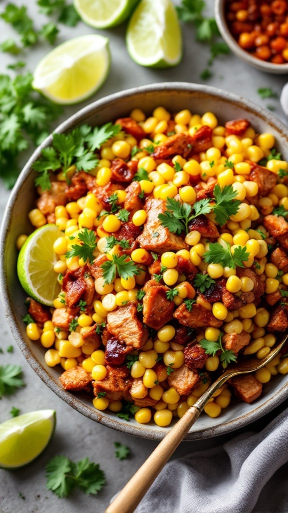 A vibrant bowl of BBQ chicken and corn salad, garnished with cilantro and lime.