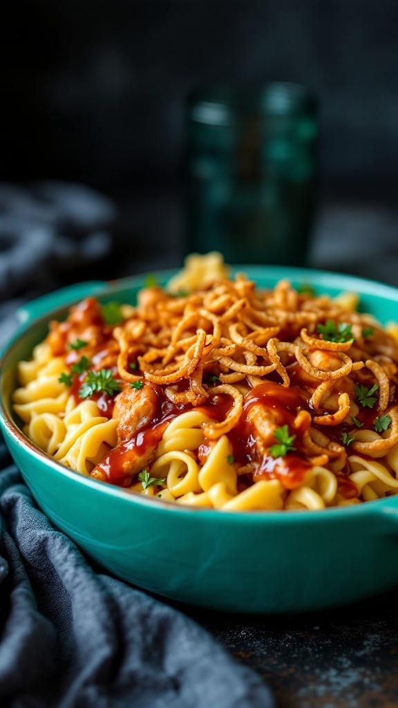 A delicious bowl of BBQ Chicken and Egg Noodle Casserole topped with crispy onions.