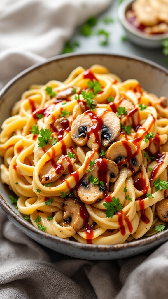 A bowl of BBQ Chicken and Mushroom Alfredo pasta topped with parsley.