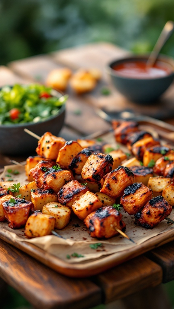 BBQ chicken and potato skewers on a wooden platter