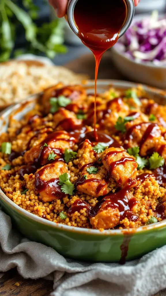 BBQ Chicken and Quinoa Bake with sauce drizzling over it