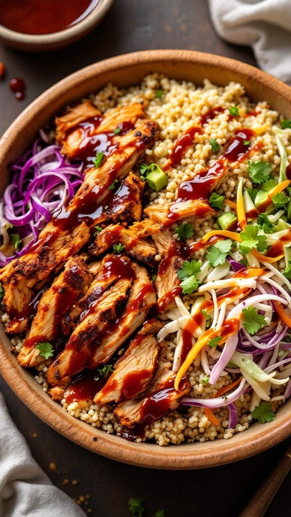 A delicious BBQ chicken and quinoa bowl topped with fresh vegetables and sauce