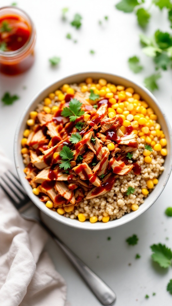 BBQ Chicken and Quinoa Bowl with corn and cilantro