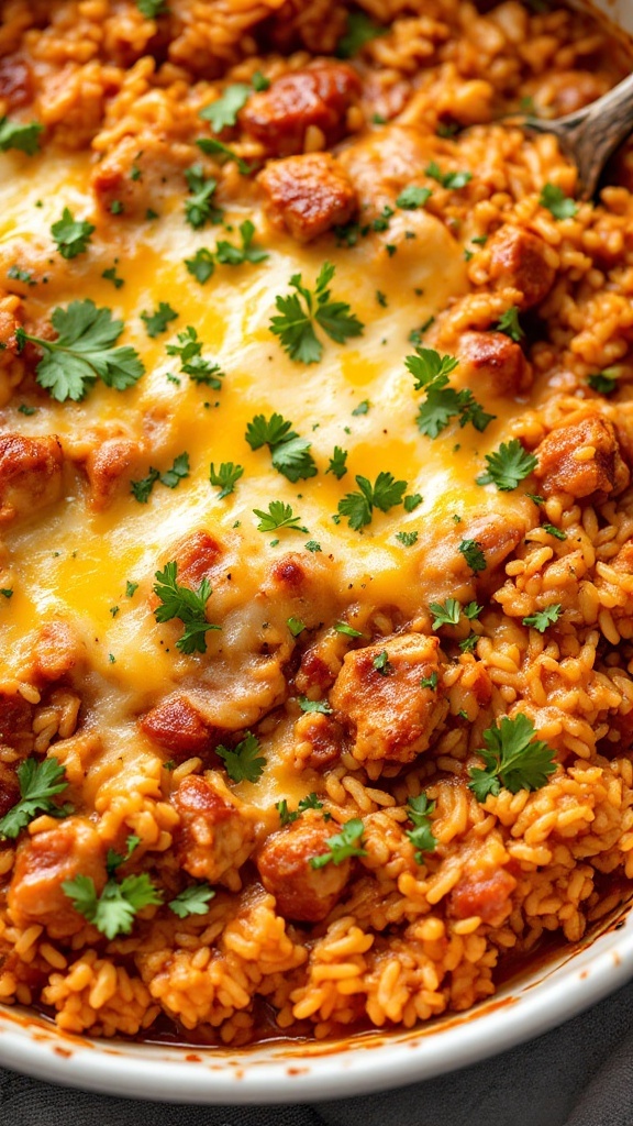 BBQ Chicken and Rice Casserole with cheese and herbs