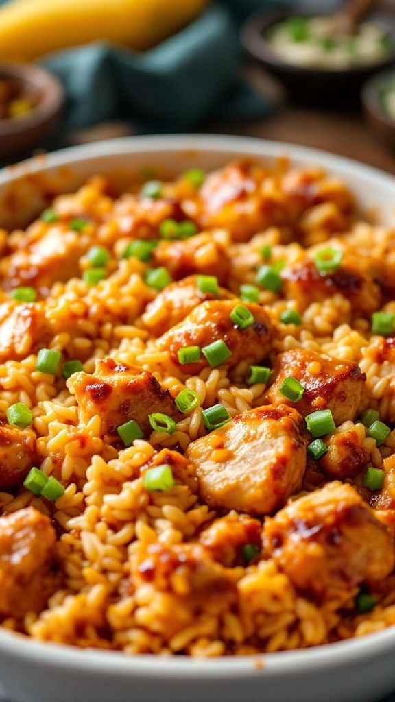 A bowl of BBQ Chicken and Rice Casserole topped with green onions