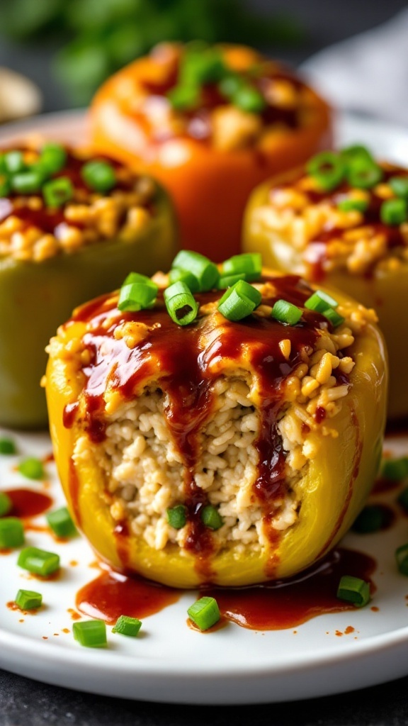 BBQ Chicken and Rice Stuffed Peppers with cheese and green onions