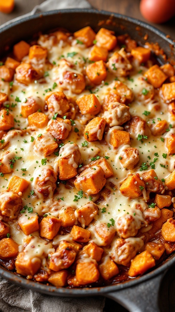 BBQ Chicken and Sweet Potato Bake in a skillet