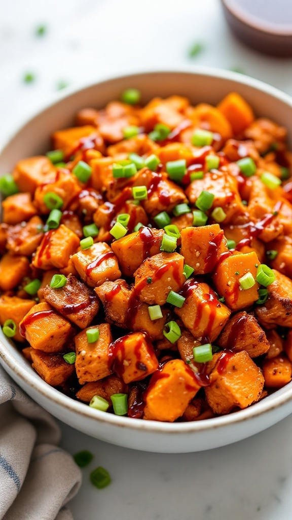 A bowl of BBQ chicken and sweet potato salad topped with green onions.