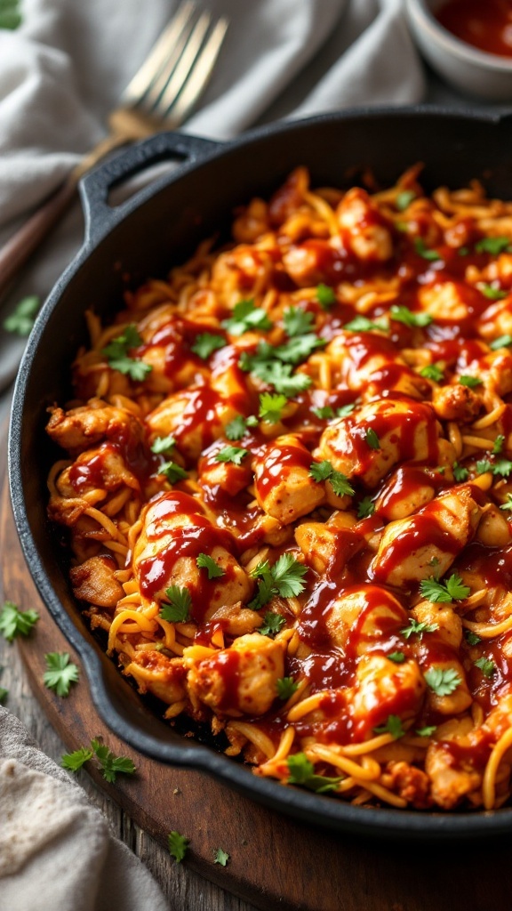 A delicious BBQ Chicken Fajita Casserole in a skillet, garnished with cilantro.