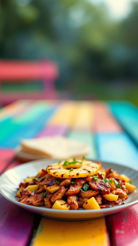 Delicious BBQ chicken fajitas with pineapple served on a plate.