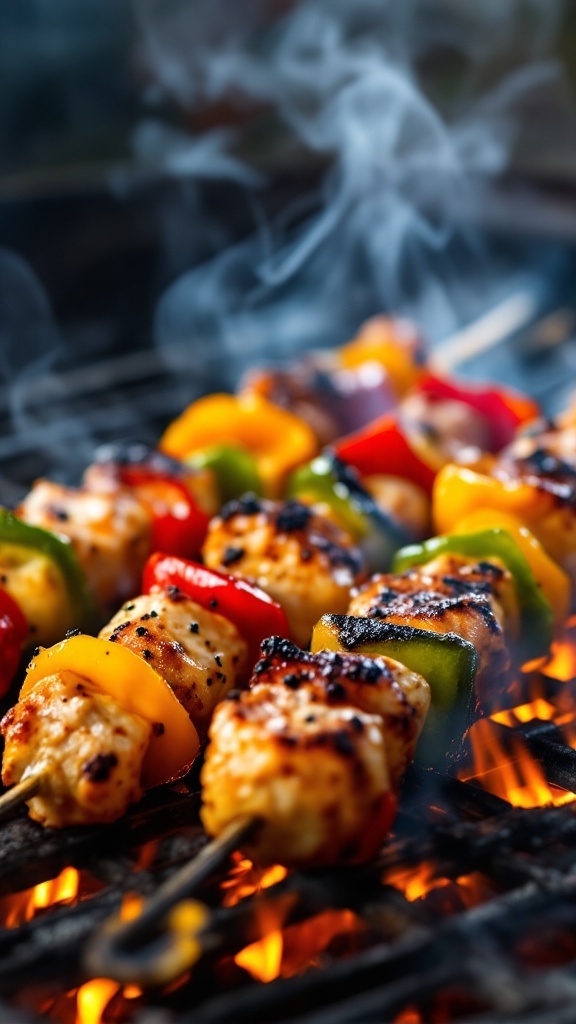 BBQ Chicken Kabobs with colorful bell peppers on the grill