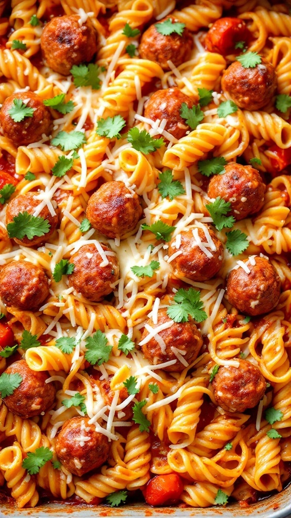 BBQ Chicken Meatball Pasta Bake