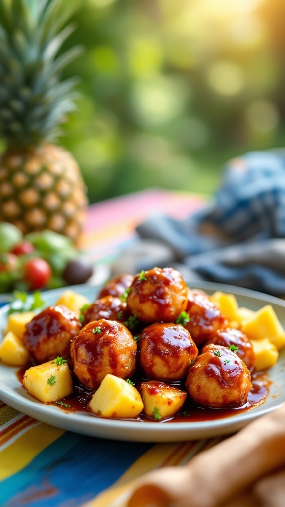 BBQ chicken meatballs with pineapple chunks on a plate