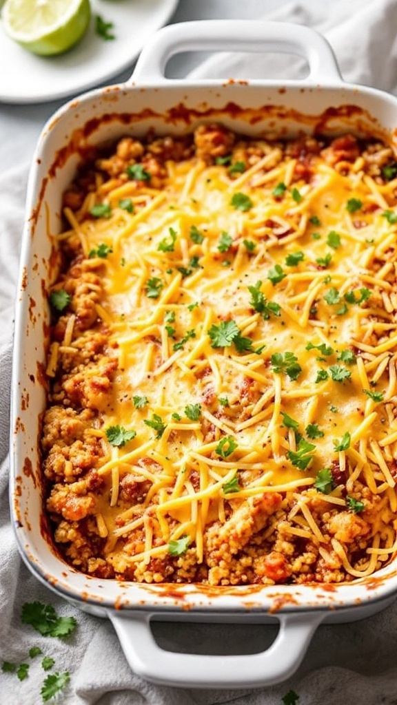 BBQ Chicken Quinoa Casserole topped with cheese and green onions