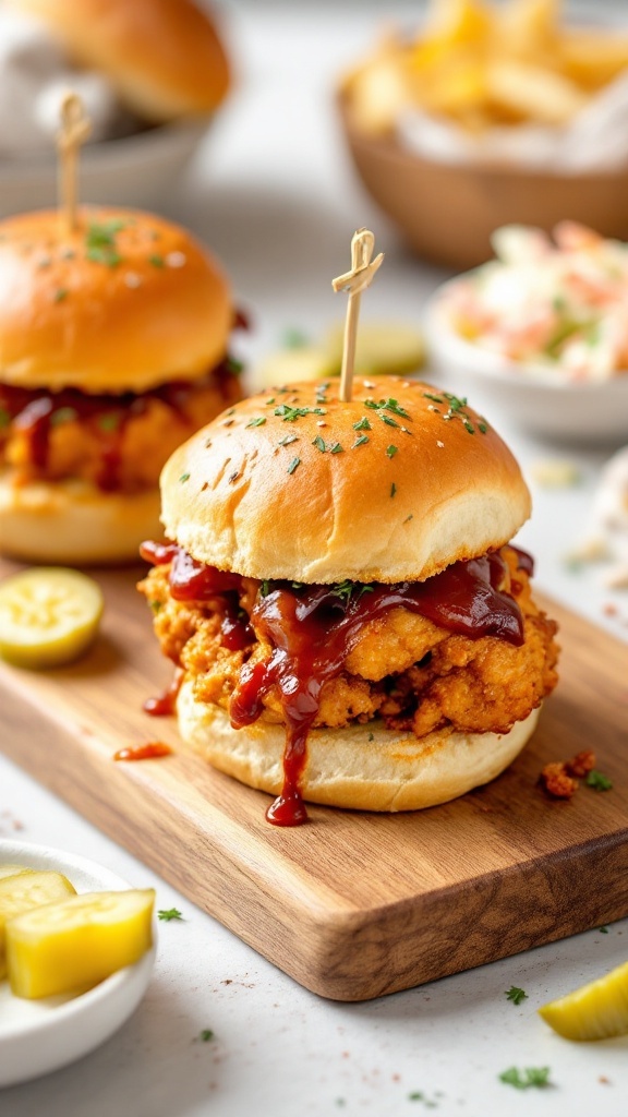 BBQ chicken sliders with pickles and BBQ sauce