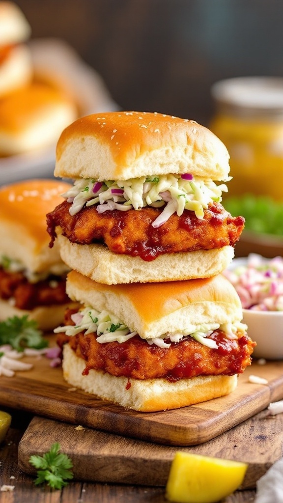 BBQ Chicken Tenderloin Sliders with coleslaw on soft buns