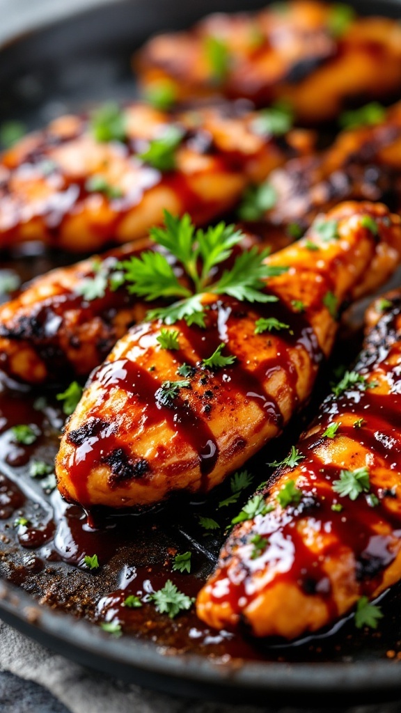 BBQ chicken tenders on a black plate garnished with herbs