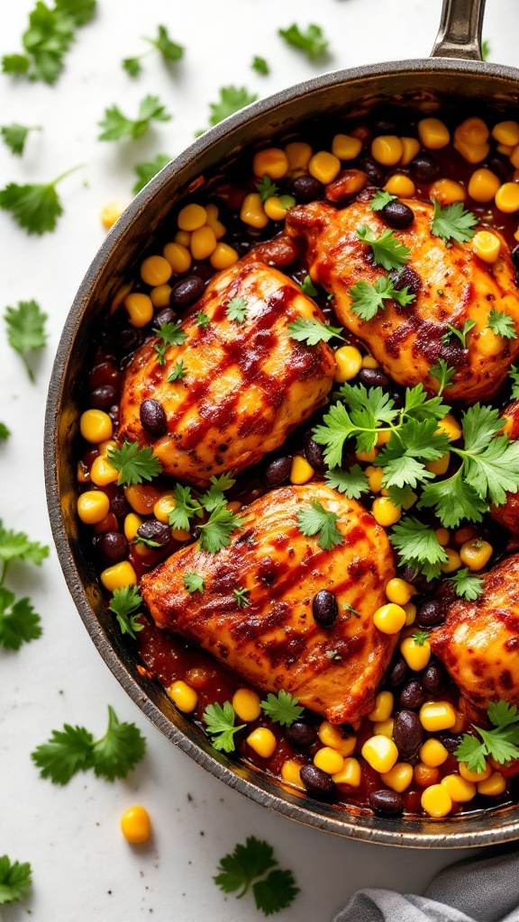 A skillet filled with BBQ chicken, corn, and black beans garnished with fresh cilantro.