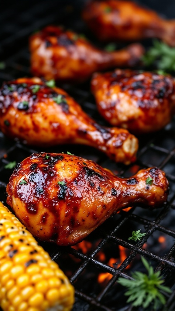 BBQ glazed chicken drumsticks garnished with herbs, served with grilled corn.