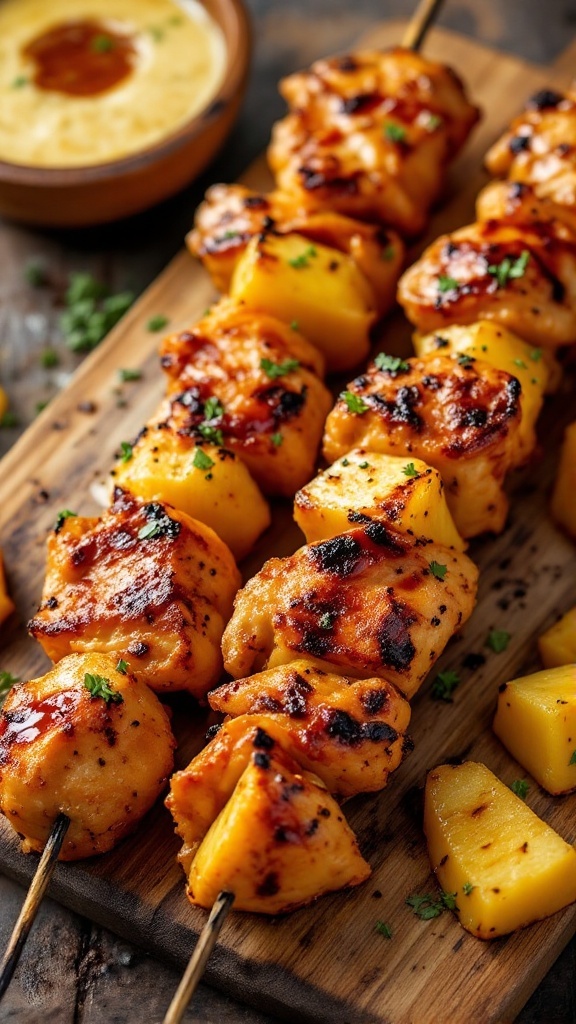 BBQ Pineapple Chicken Skewers on a wooden platter