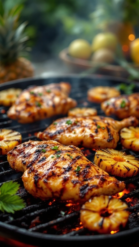 Grilled chicken with pineapple slices on a barbecue grill