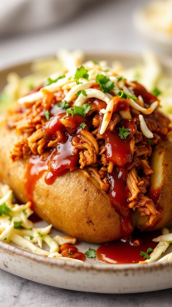 A delicious BBQ pulled pork baked potato topped with barbecue sauce, cheese, and green onions.