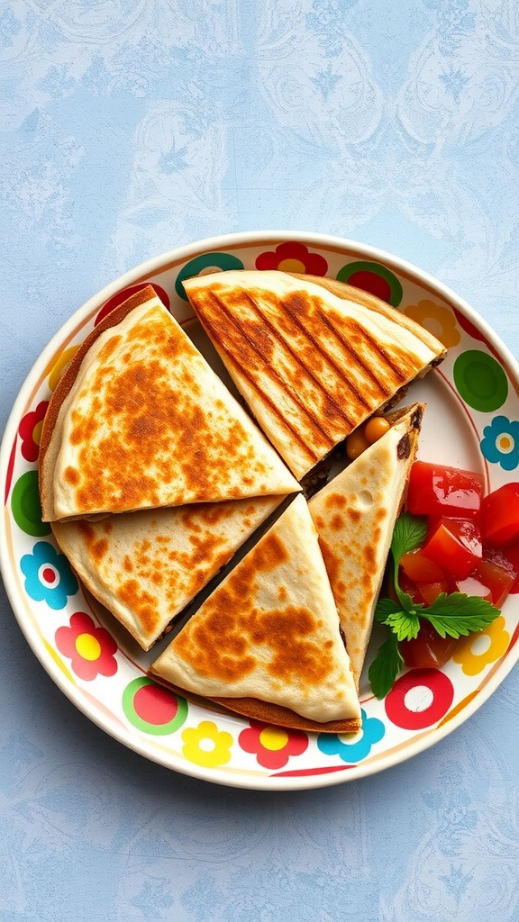 Plate of sliced bean and cheese quesadilla with colorful toppings.