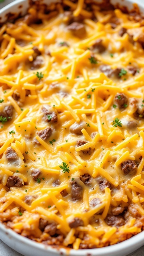 A delicious beef and potato casserole topped with melted cheddar cheese