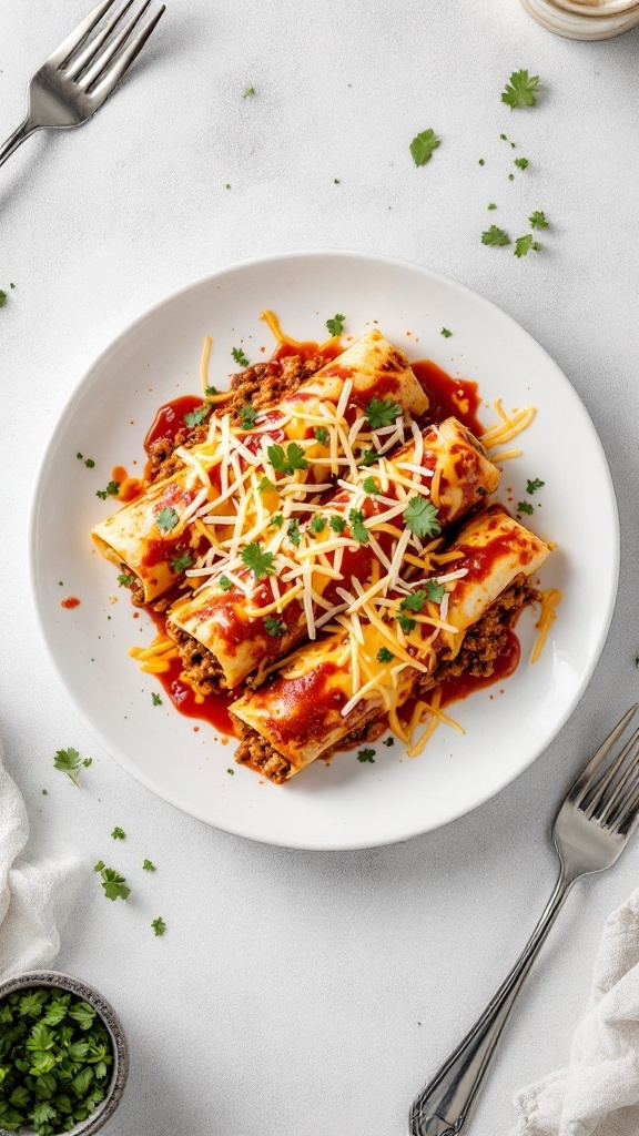 Plate of beef and potato enchiladas topped with cheese and cilantro.