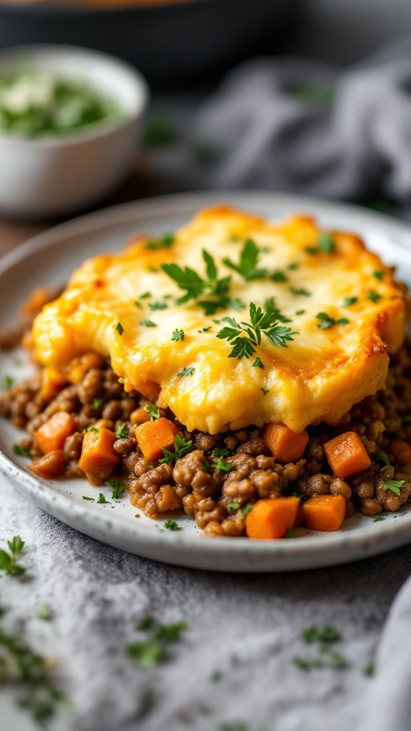 A serving of Beef and Sweet Potato Shepherd's Pie topped with golden mashed sweet potatoes.