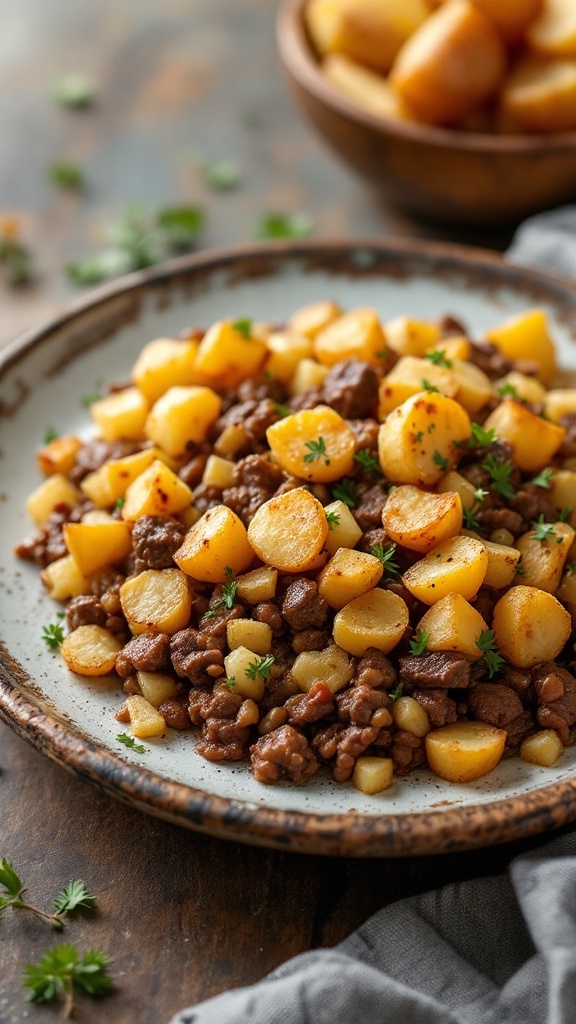 Plate of beef hash with crispy potatoes garnished with parsley.