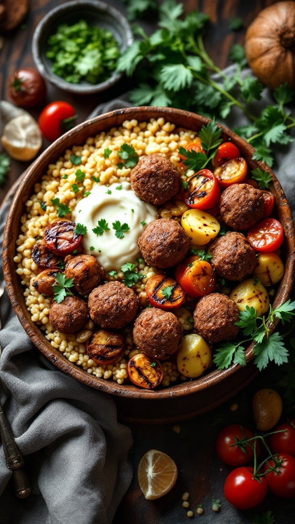 Delicious Beef Kofta Bowl with meatballs, couscous, and roasted vegetables.