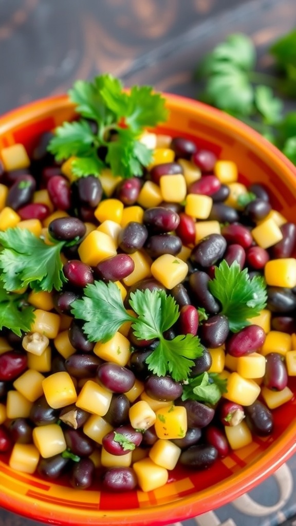 A colorful bowl of black bean and corn salad with fresh cilantro.