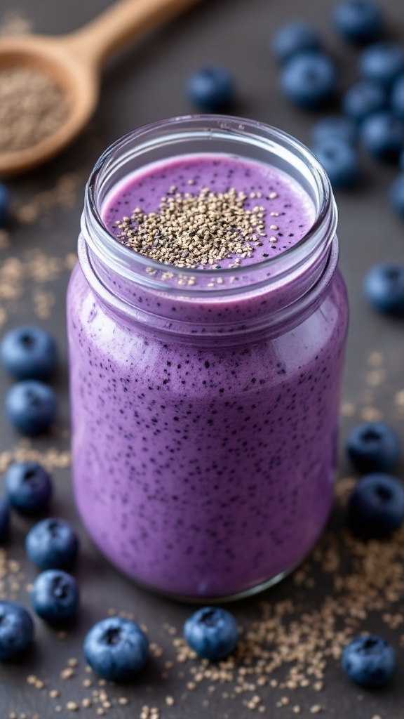 Blueberry Chia Seed Smoothie in a jar with chia seeds on top