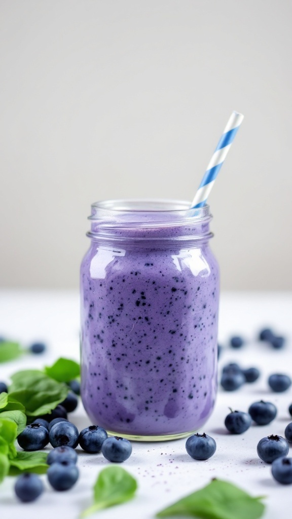 A healthy blueberry spinach smoothie in a glass jar with a straw