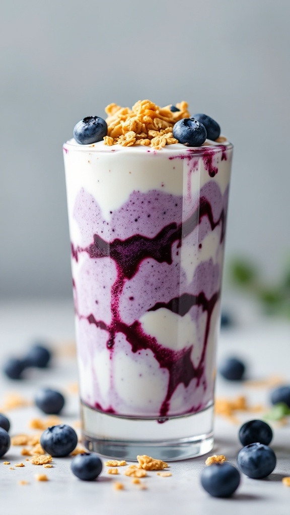 A layered blueberry yogurt parfait smoothie topped with granola and blueberries.