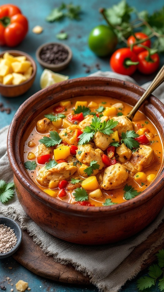 A bowl of Brazilian Chicken Moqueca with colorful vegetables garnished with cilantro.